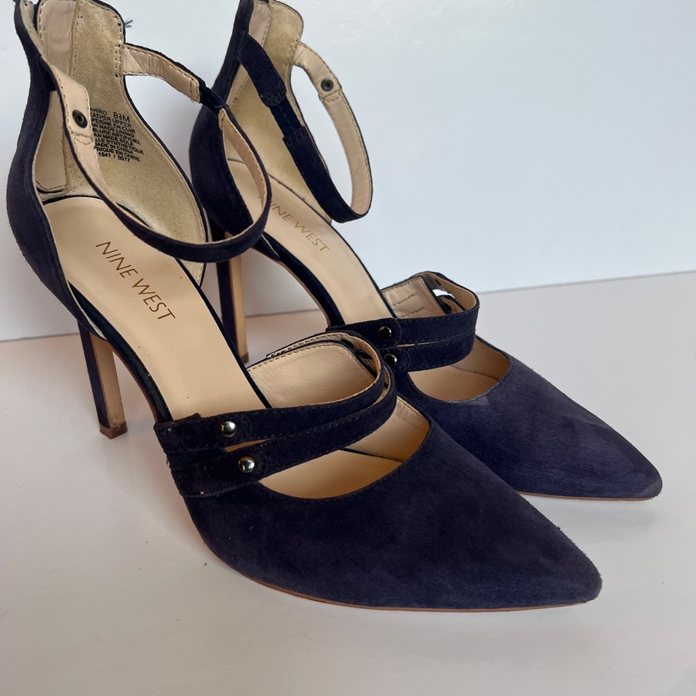 Nine West Ankle Strap Blue Suede Heels